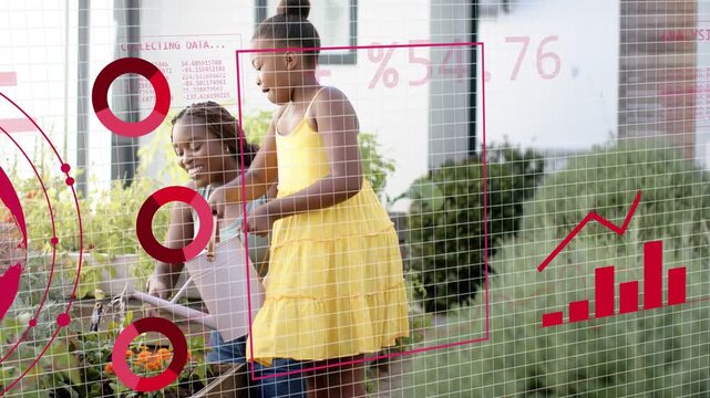 Woman guiding child pouring pink watering can onto plants, initiating red tech analytics overlays