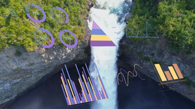 Camera moving forward and descending, infographics animating over waterfall visualizing flow data