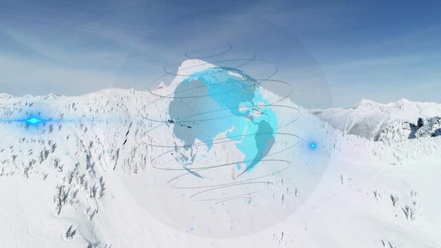 On start cyan globe rotating, rings rising, markers pulsing, camera panning to reveal continents