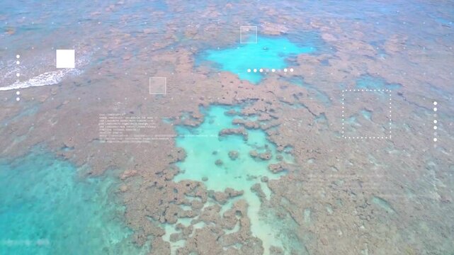 HUD starting and survey drone moving forward downward over reef, HUD elements shifting to map pools
