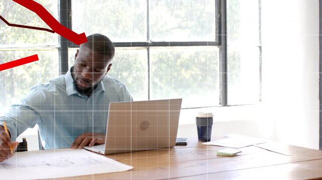 Male designer sketching blueprint at table, animated red graphs entering and guiding design choices