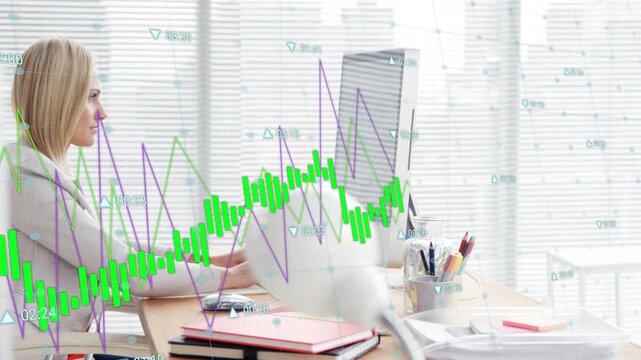 Woman typing at desk, entering market data while monitoring overlaid candlestick charts fluctuating