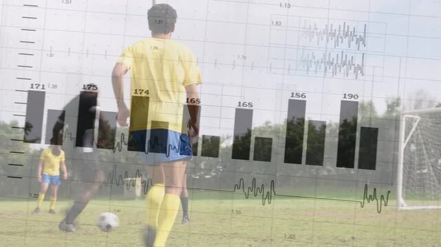 Male striker receiving pass, dribbling into box, shooting, seeking goal, sports charts overlaying