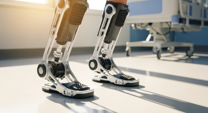 Detailed view of motorized medical leg orthotics assisting movement on a hospital floor with soft sunbeams illuminating the metallic frame, detail, steel, aid
