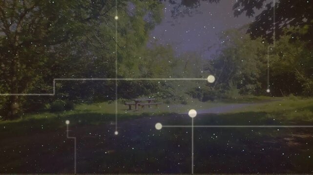 Overlay starting, nodes moving while view panning along path past picnic bench, leading into shade