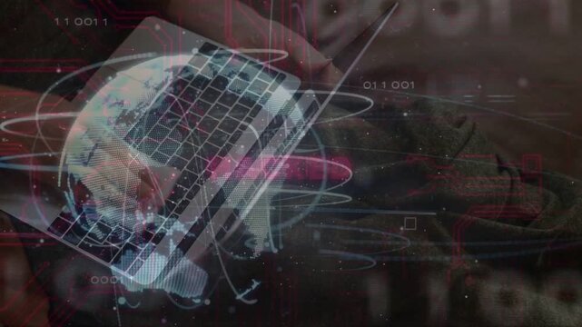 Woman typing laptop, activating globe pulsing then subsiding HACKED overlay, signaling hack
