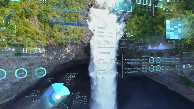 Aerial cascade filling view as camera dropping, HUD tracking flow for analysis, mist blurring HUD
