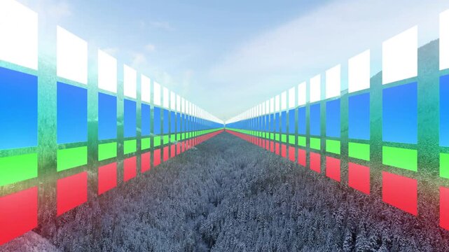 Colored panels cycling down tall corridor on timed loop, creating moving rainbow over snow canopy