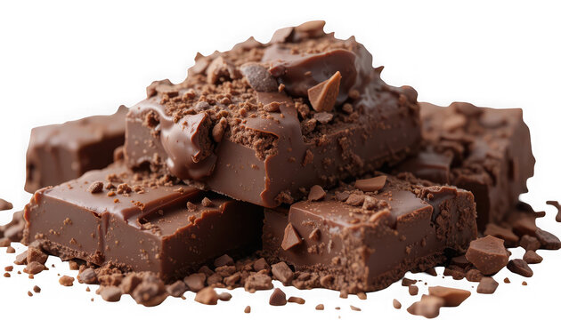 Mound of rich decadent chocolate fudge pieces with chunks on transparent background