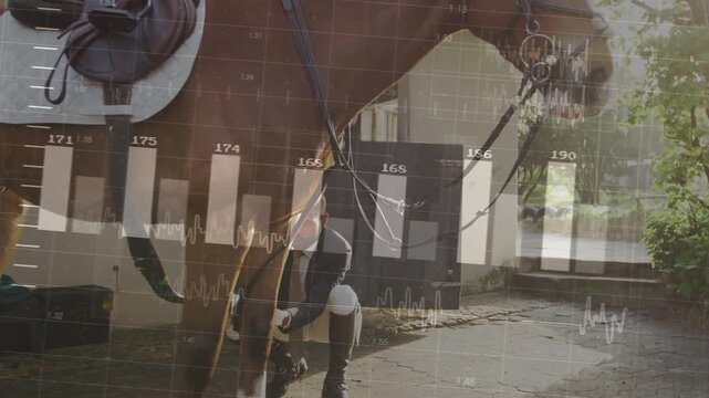 Man reaching under horse and picking hoof for vet care, while data charts overlaying horse, man