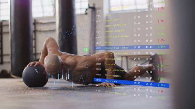 Gym trainer from 1arm pushup on med ball pushing rotating reaching testing core stock overlay right