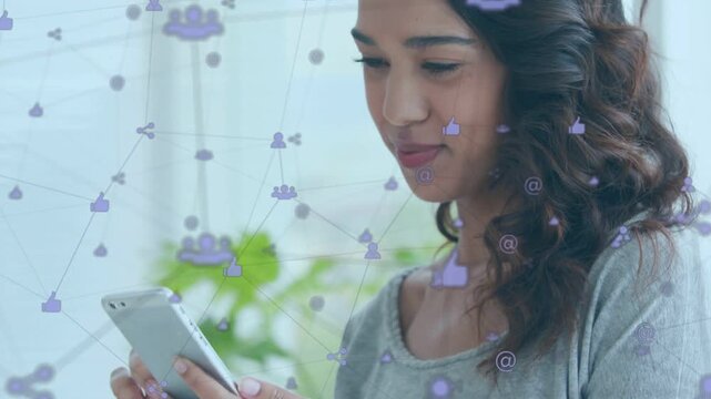 Woman tapping phone reading DMs causing social media icons drifting camera rising revealing smile