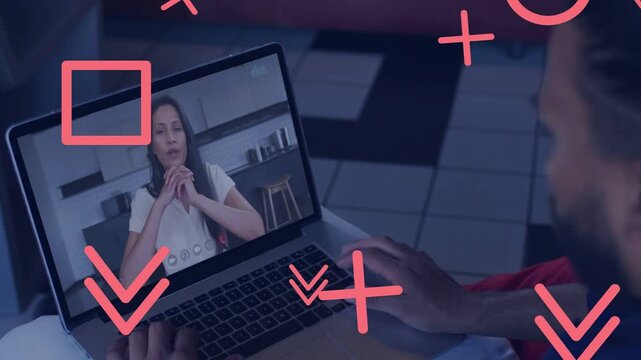 Local user pressing trackpad, remote woman clasping hands, pink shapes moving across business call