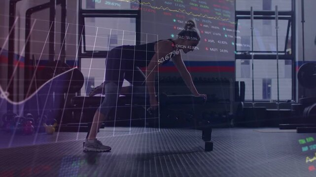 Woman bracing bench picking dumbbell doing rows for fitness switching to kettlebell HUD data rising