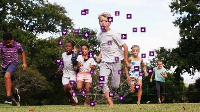 Group of seven children running toward camera in park, purple social icons clustering with movement