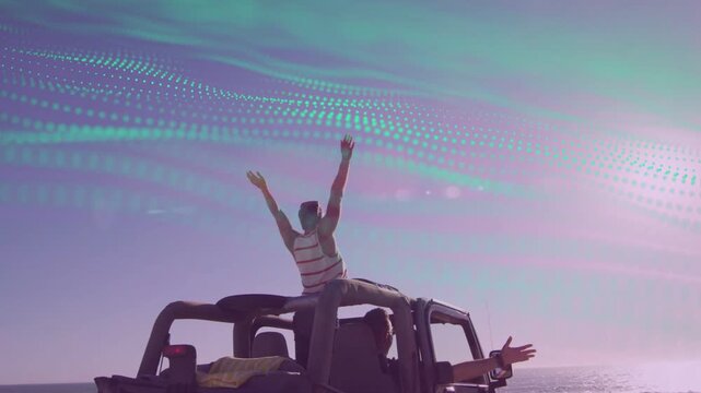 Man perching jeep shifting climbing, raising arms celebrating travel as teal overlay sweeping ocean