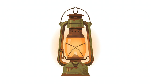 A vintage green metal kerosene lantern shining brightly with a warm orange glow.