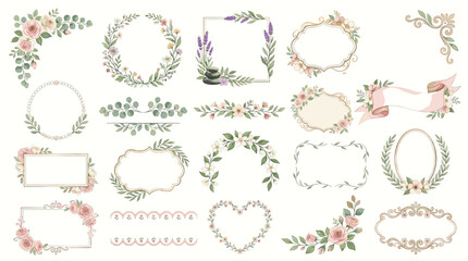 Obraz premium Watercolor floral frame and wreath clipart set with botanical borders, leaves, flowers, ribbons, circles, hearts, and decorative labels