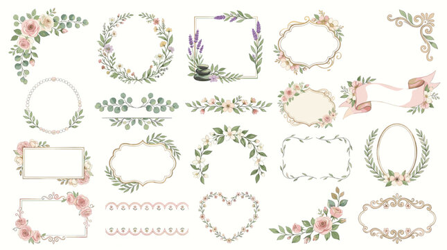 Watercolor floral frame and wreath clipart set with botanical borders, leaves, flowers, ribbons, circles, hearts, and decorative labels