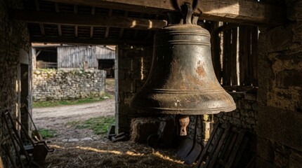 Obraz premium Antique Bronze Bell Hanging in Rustic Wooden Structure