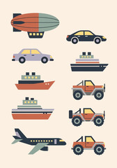 Collection of Retro Flat Vector Transport Icons - Minimalist Vehicle Set Including Airplane, Ship, Blimp, Car, and Off-Road Truck for Infographics and Web Design © DC