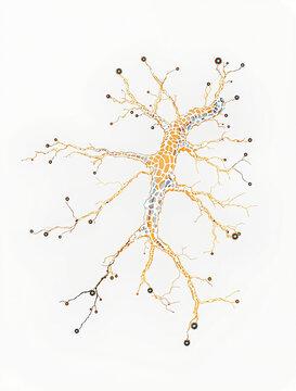 Abstract human brain neuron or neural network illustration with golden and blue light effects on white background for medical science and artificial intelligence technology educational presentation