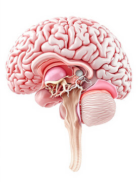 3D medical illustration of a detailed human brain cross-section for educational medical or scientific use showing internal structures like the hippocampus thalamus and cerebellum on a white background