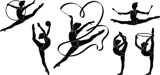 Black silhouettes of women performing rhythmic gymnastics with ribbons and hoops © SAIF820