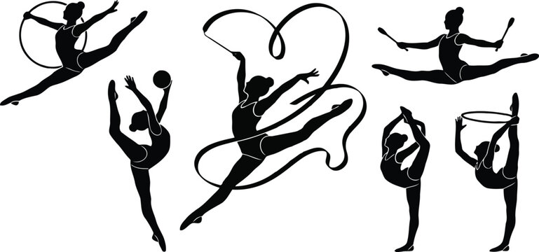 Black silhouettes of women performing rhythmic gymnastics with ribbons and hoops