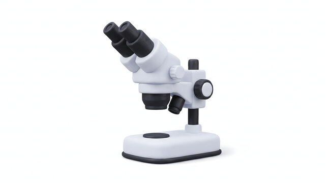 A modern white stereo microscope with dual eyepieces and focus knob, isolated on a clean white background.