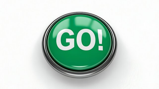 Green go button icon isolated on white background representing action start and progress concept