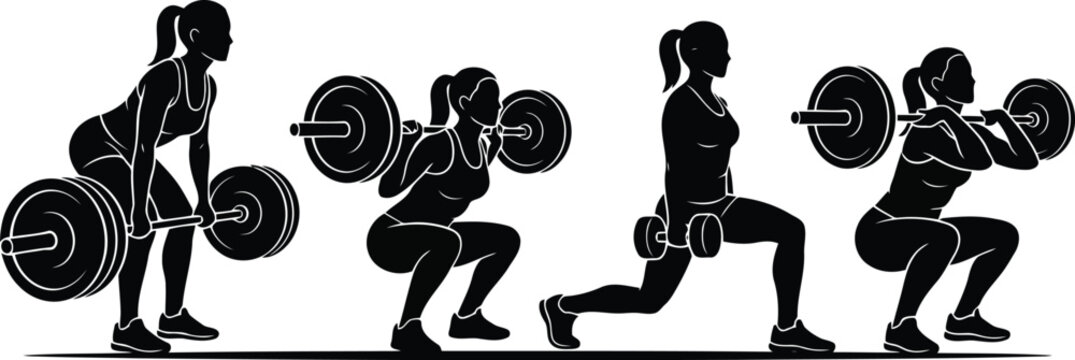 Woman performing squats with a barbell in four stages