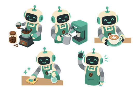 Friendly robot barista preparing coffee and cleaning a counter.