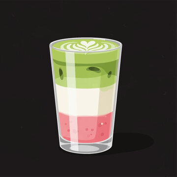 Vector illustration of layered iced guava matcha latte in a clear glass featuring pink fruit puree base, white milk, and green tea top with heart latte art on dark background.