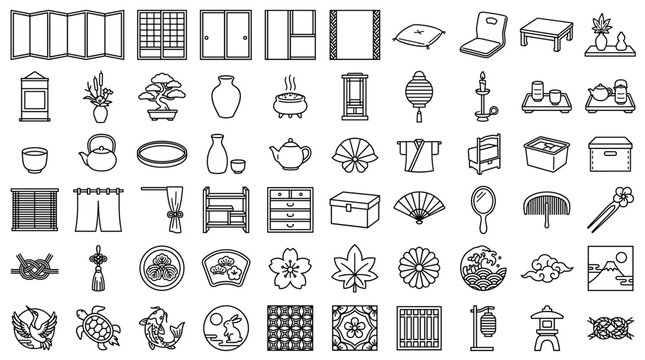 Set of thin line furniture and interior icons with windows, doors, lamps, chairs, tables, shelves, decor, kitchen items, bathroom fixtures, and home objects
