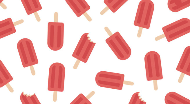 Strawberry, red popsicles seamless pattern with scattered ice creams and bite taken pieces, summer dessert vector illustration design.