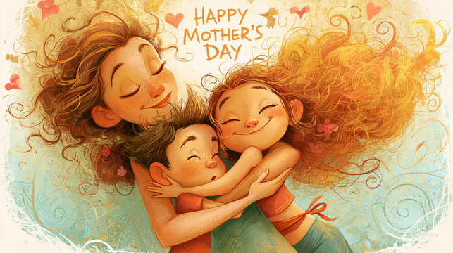 Cute Mother&rsquo;s Day illustration with mom and children hugging, warm family love greeting card concept
