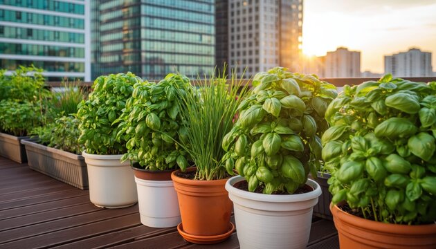 Rows of fresh green basil and herbs growing in pots on wooden balcony overlooking modern city skyline at sunset. High quality photo