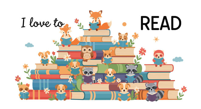 Adorable forest animals including foxes and owls reading on a large colorful pile of books with the text I love to read.