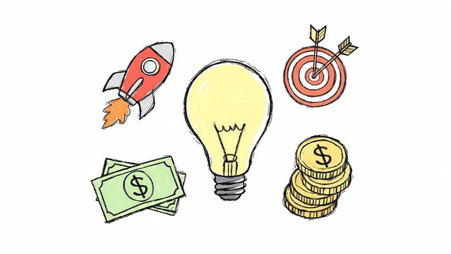 Creative hand drawn doodle illustration with business icons around a central idea, representing brainstorming and startup growth.