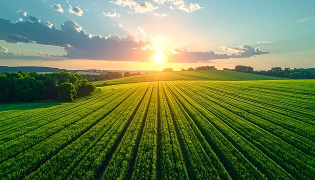 Golden Sunrise Over Expansive Farm Field At Dawn.