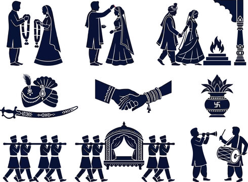 Indian wedding procession icons with traditional dress and decorations