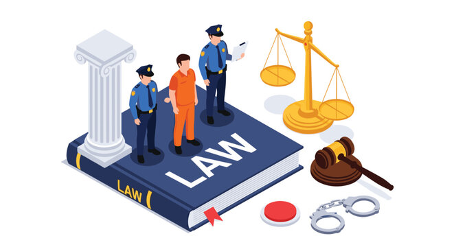 Law and justice concept with isometric figures of police, a prisoner, judge's gavel, and scales placed on a large law book.