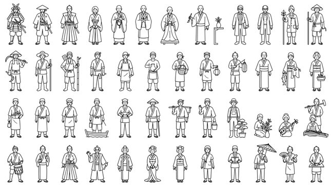 Black and white hand drawn Japanese character set with samurai, villagers, monks, workers, vendors and historical costume figures