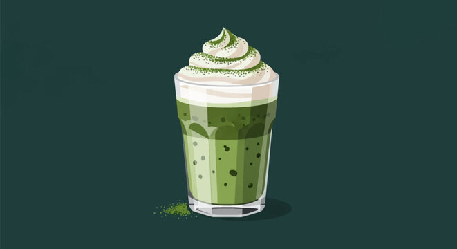 Vector illustration of a layered iced matcha green tea latte in a clear faceted glass topped with a swirl of whipped cream and dusted with matcha powder on a dark background.