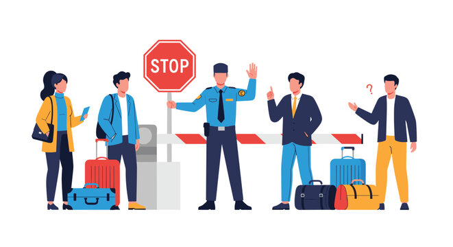 Airport security checkpoint with a guard holding a stop sign while travelers with luggage wait behind a red and white barrier.