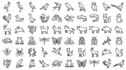 Fototapeta premium Black and white hand drawn wildlife icon set with birds, fish, insects, fox, deer, rabbit, turtle, frog and forest animals for nature design