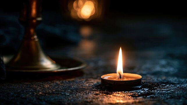 A single tea light candle burns brightly, casting a warm glow on a dark, textured surface. The flickering flame symbolizes hope, remembrance, and peace in a solemn and contemplative atmosphere.