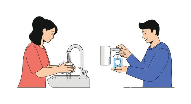 Two people maintaining hygiene by washing hands with soap and using hand sanitizer to prevent the spread of germs and viruses.