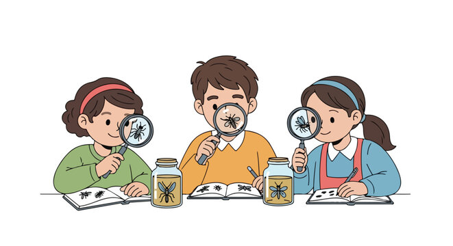 Three curious children observe insect specimens in jars with magnifying glasses while taking notes in their notebooks during a science activity.
